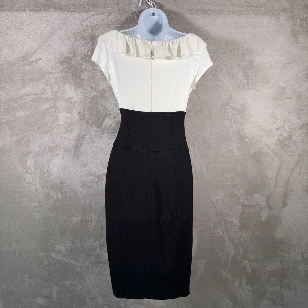 CACHE Dress Womens Size 6 White Black Colorblock‎ Ruffle Sheath Cocktail